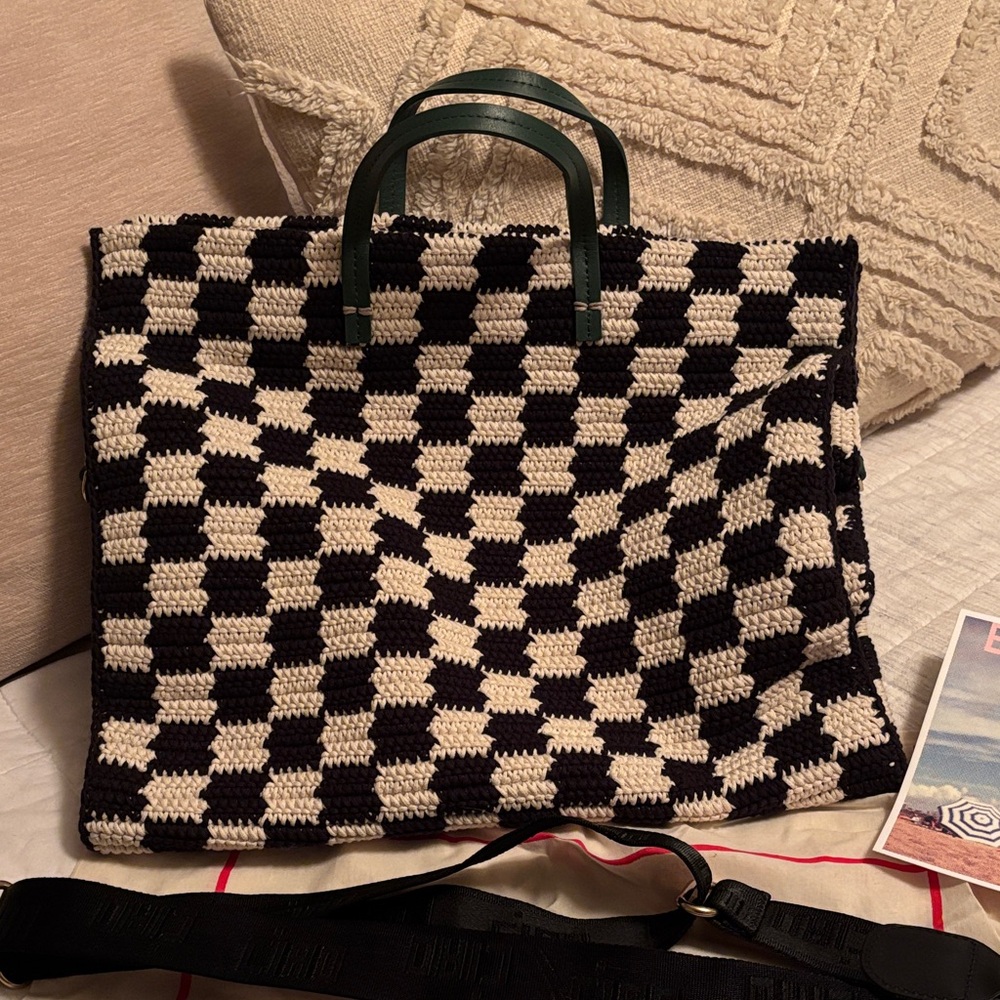 Clare V. Summer Simple Tote Black and Cream Checkered Tote with Green Handles